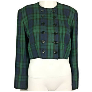 Cathy Hardwick‎ Blazer Jacket Womens Sz 4 VTG Green Black Tartan Plaid Crop